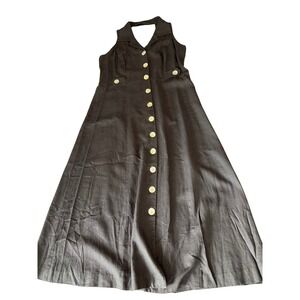 VIRGO II Black Linen Blend Button Front Maxi Dress Size 14 Halter Neck